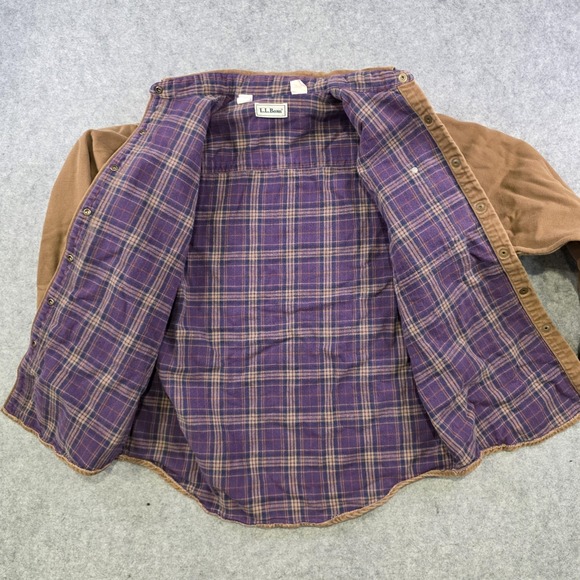 VTG LL Bean Shirt Jacket Mens Small? Brown Canvas Plaid Flannel Lined Workwear - Picture 9 of 12
